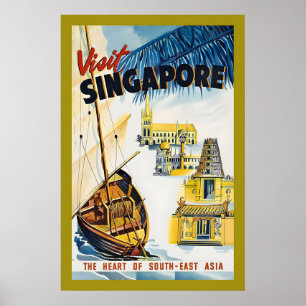 Poster Visite Singapura o Coração da Ásia Anos 50 Vintage