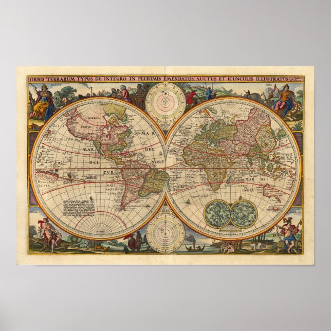 Poster Visscher Nicolaas Mapa Mundial 1670 Reprodução (Frente)