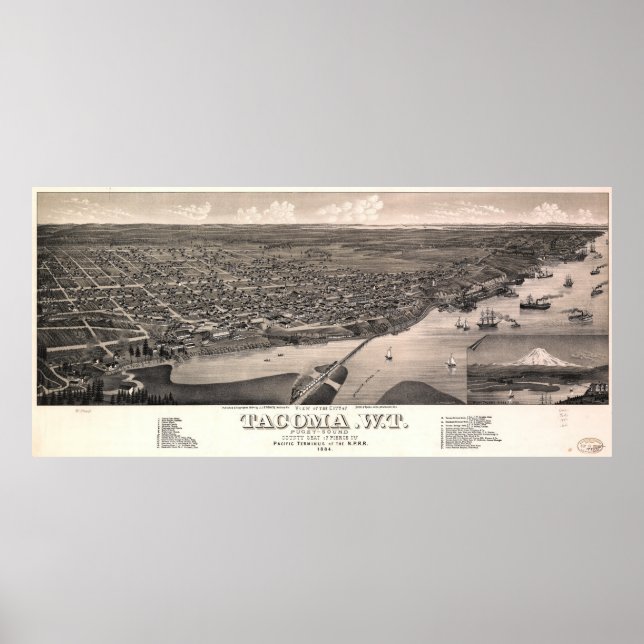 Poster Vista aérea de Tacoma, Washington (1884) (Frente)