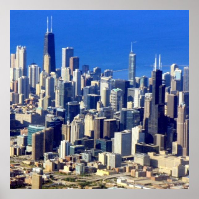 Pôster Vista aérea do Centro de Chicago com o lago (Frente)