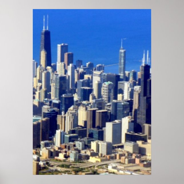 Poster Vista aérea do Centro de Chicago com o lago (Frente)
