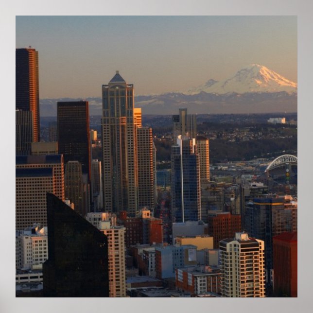 Pôster Vista aérea do horizonte 2 da cidade de Seattle (Frente)