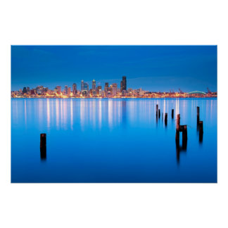 Pôster Vista azul-hora do centro Seattle