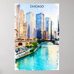 Poster Vista da Cidade de Chicago Illinois em Aquarela