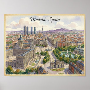 Poster Vista da Cidade de Madrid Espanha Pintura em Aquar
