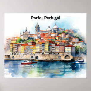 Poster Vista da Cidade de Porto Portugal em Aquarela Colo
