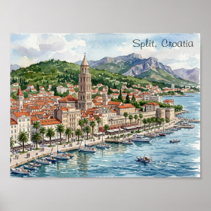 Poster Vista da Dalmácia Croácia Split Arte Aquarela 