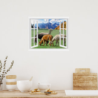 Poster Vista da janela com montanhas e alpaca 