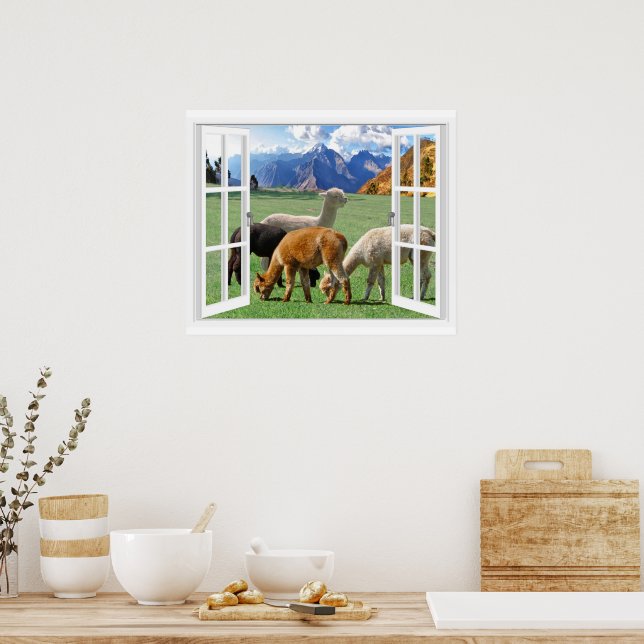 Poster Vista da janela com montanhas e alpaca  (Cozinha)