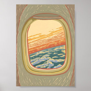Poster Vista da Janela do Avião Antigo Pôr do Sol Nuvens