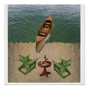 Pôster Vista da praia com delícias de vinho e queijo