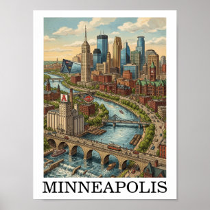 Poster Vista da Silhueta de Minneapolis Minnesota Antiga