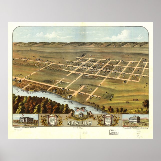 Pôster Vista de Bird de New Ulm, Minnesota (1870) (Frente)