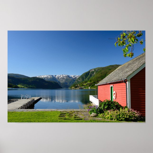 Poster Vista de fiorde norueguesa e casa de banho (Frente)