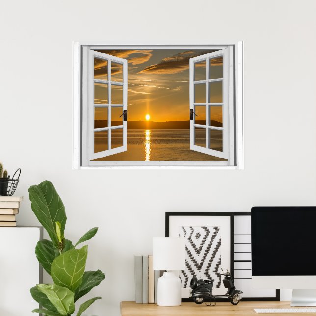 Poster Vista de Janela Artificial de Nascer do Sol Bonito (Escritório em casa)