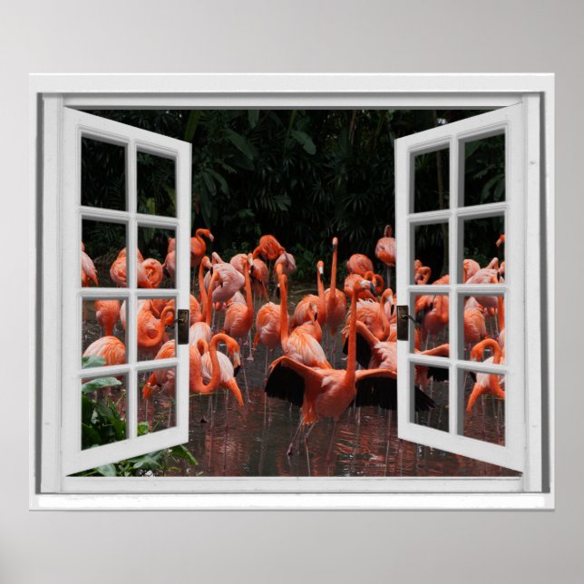 Poster Vista de janela falsa Flamingos Rosa  (Frente)