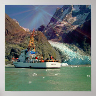 Poster Vista de montanha do Alasca com barco