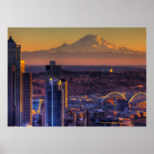 Poster Vista de paisagem urbana do centro de Seattle, fut (Frente)