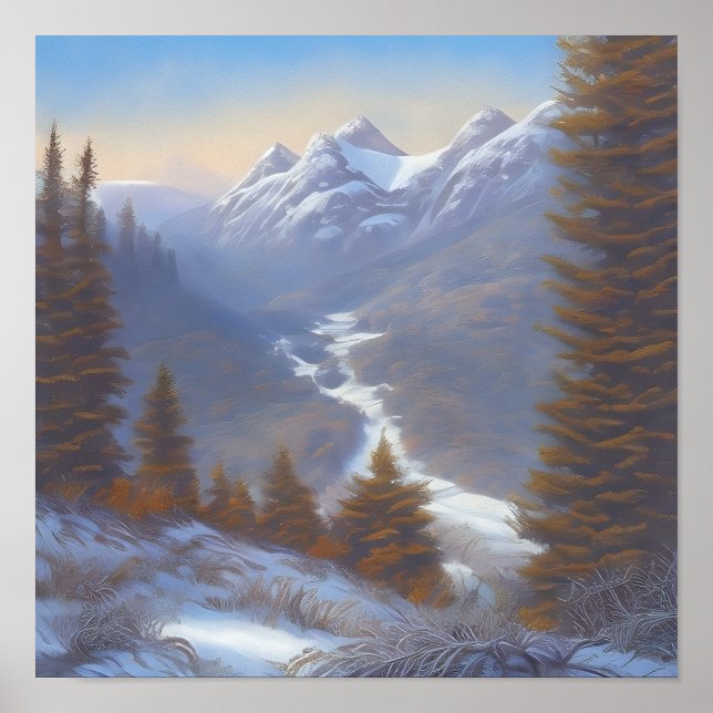 Poster Vista de uma montanha de neve (Frente)