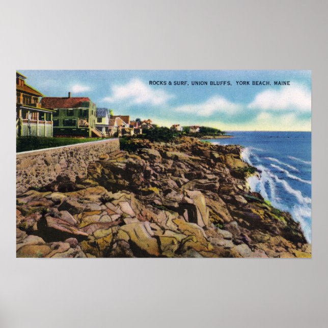 Pôster Vista de Union Bluffs Rocks e Surf em York (Frente)