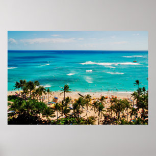 Pôster Vista Elevada da Cena da Praia de Waikiki, Honolul