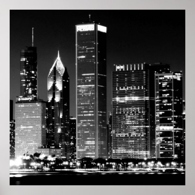 Poster Vista noturna da famosa paisagem urbana de Chicago (Frente)