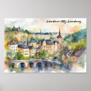 Poster Vista panorâmica da pintura aquarela da cidade do