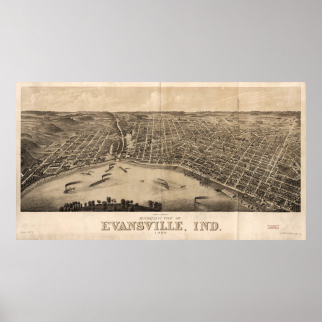 Poster Vista panorâmica de Evansville, Indiana (1880) (Frente)