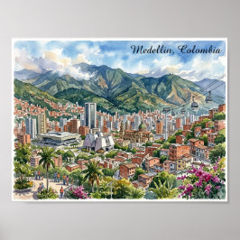 Poster Vista panorâmica de Medellín, Colômbia Arte em Aqu