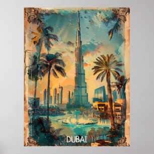 Poster Vista panorâmica vintage do Burj Khalifa em Dubai