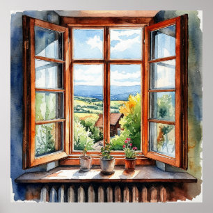 Poster Vista Rural Panorâmica Através da Janela Ensolarad