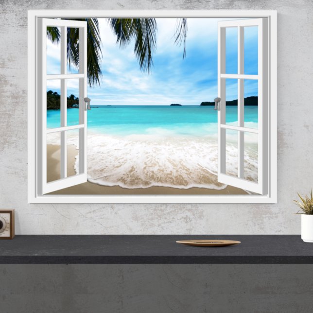 Poster Vista Tranquila 3D de Mar e Praia na Janela (Criador carregado)