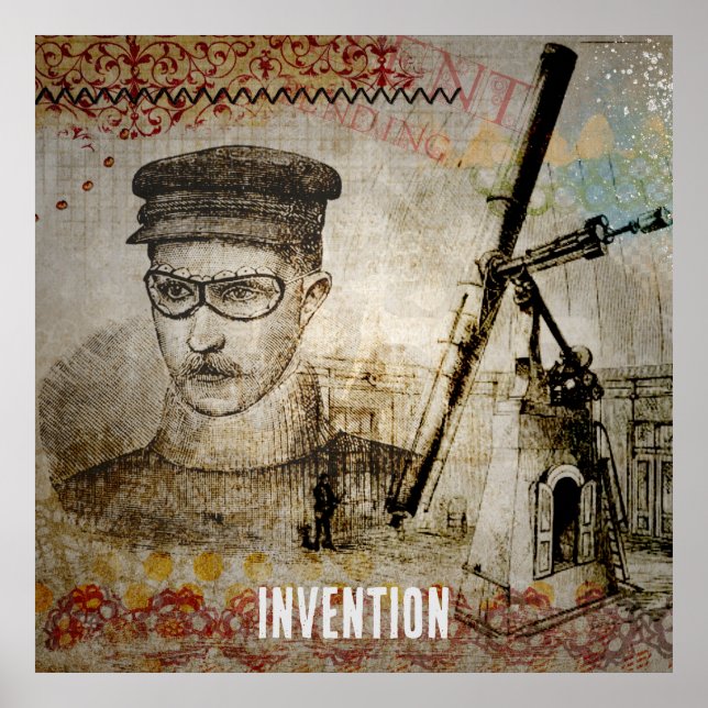 Poster Vitoriano Steampunk Inventor Scientist Telescope (Frente)