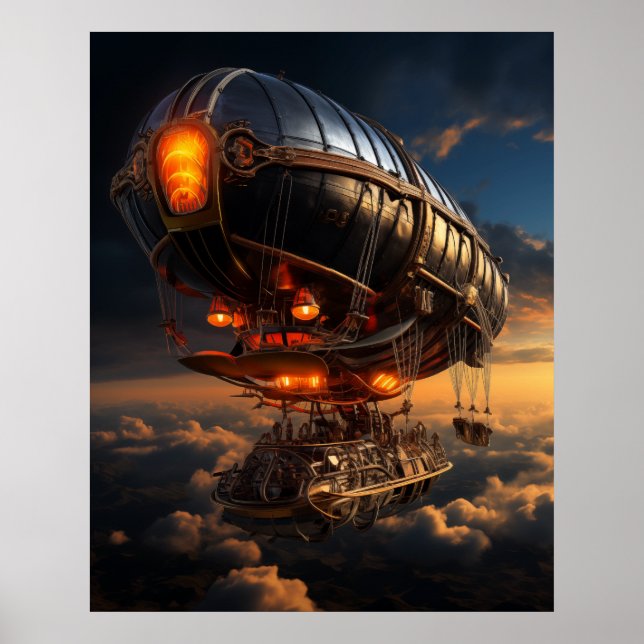 Poster Vitoriano Zeppelin Sunset: Steampunk Fantasy Art (Frente)