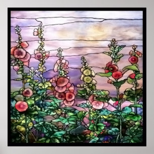 Poster Vitral floral de Tiffany do vintage dos Hollyhocks