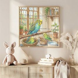 Poster Viveiro de Mama Parekeet e Filhotes