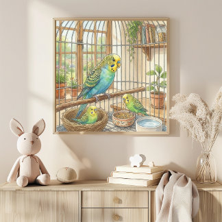 Poster Viveiro de Mama Parekeet e Filhotes