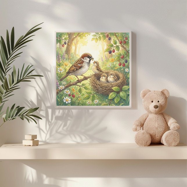 Poster Viveiro Mamãe Pardal e Filhotes (Criador carregado)