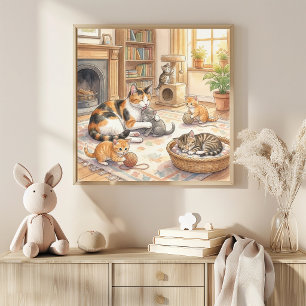 Poster Vivero da Mamãe Gata e Gatinhos