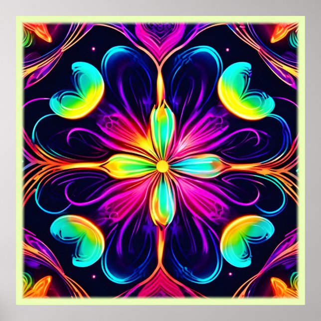 Poster Vivid Neon Floral Mandala Art (Frente)