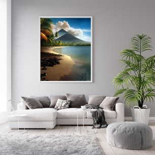 Poster Volcanos, praia branca com palmeiras