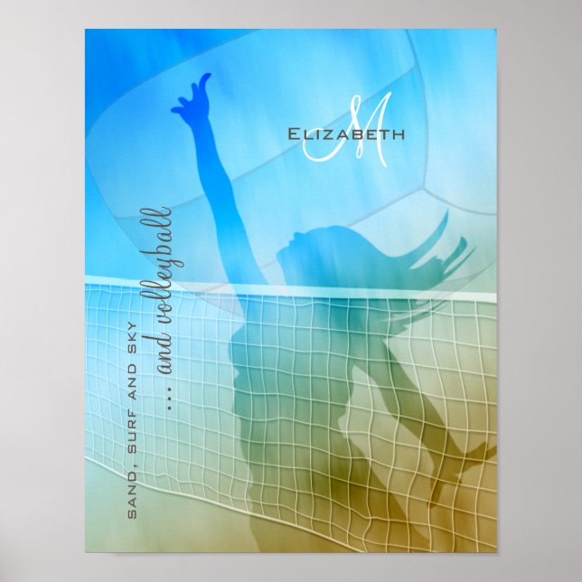 Poster volei feminino na praia areia surf céu (Frente)