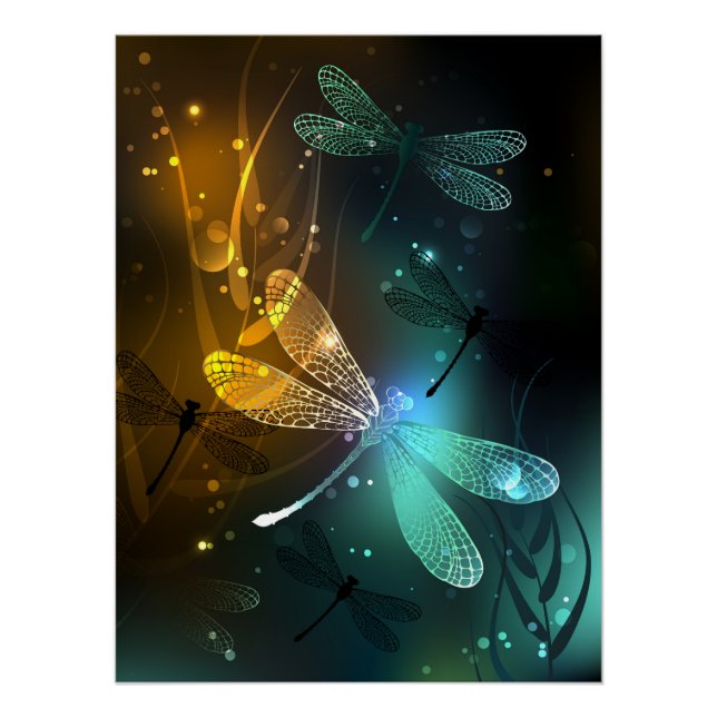 Pôster Voo luminoso verde de libélula (Frente)