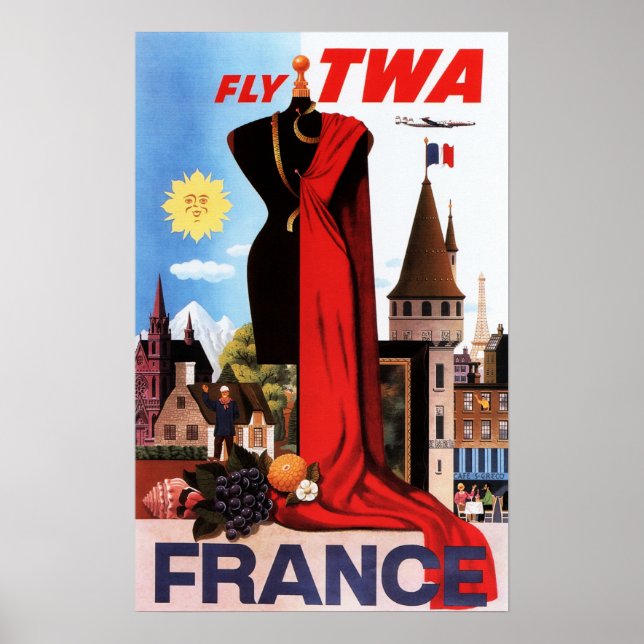 Poster Voo para a FRANCE Europe Fashion Capital Old Airli (Frente)