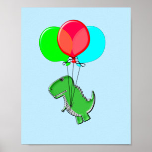 Poster Voo T-Rex Bonito Com Balões No Céu Azul