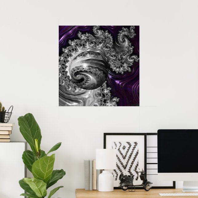 Poster Vórtice Fractal Prateado e Roxo (Escritório em casa)