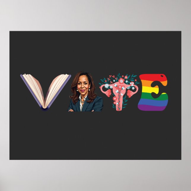 Poster VOTE Livros Uterus LGBT Kamala Harris Walz Eleição (Frente)