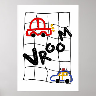 Poster Vroom Vroom! Carro Desenhado à Mão Colorido & Carr