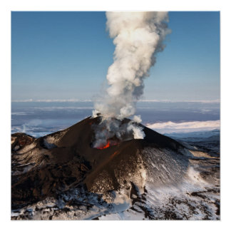 Pôster Vulcão de erupção da cratera: lava, gás, vapor, ci