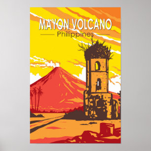 Poster Vulcão Mayon Ruínas Cagsawa Arte de Viagem Filipin